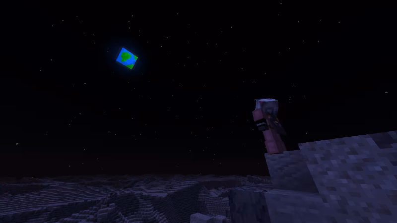 Minecraft player looking back at earth while standing on the moon
